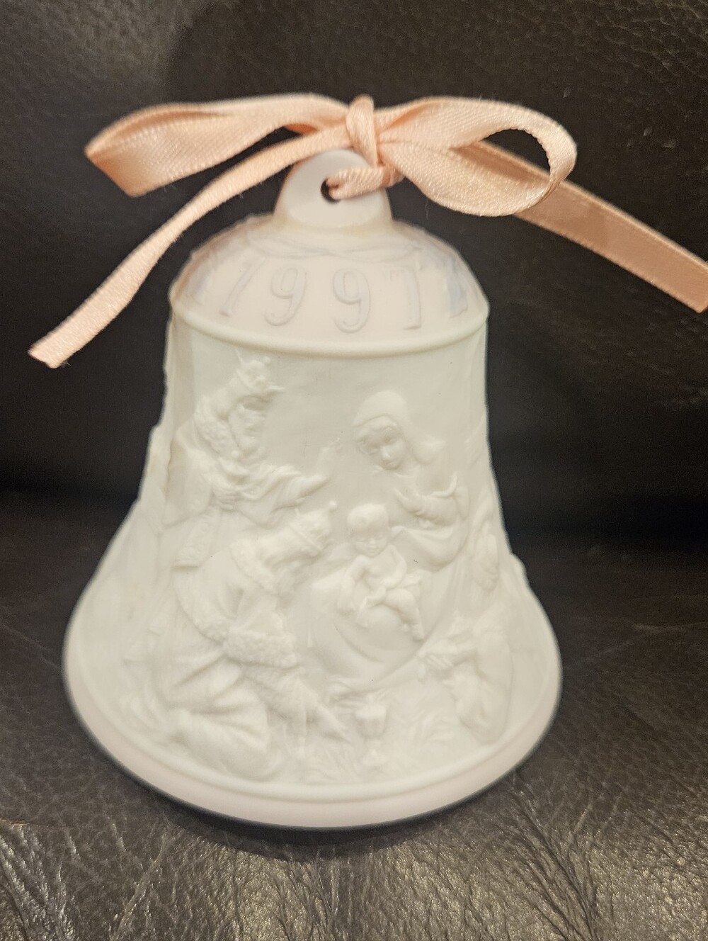 Lladro White Porcelain 1997 Christmas Bell Ornament with Pink Ribbon Accent